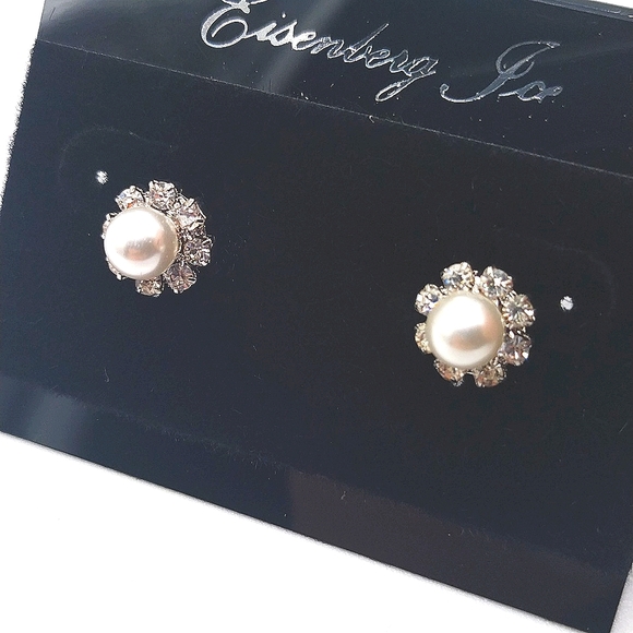 Vintage Eisenberg Ice Pearl Flower Pave Cubic Zirconia Silver Stud Earrings - Picture 2 of 5